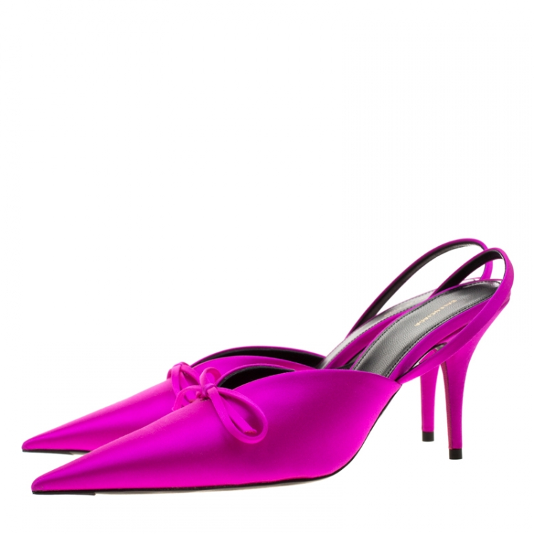Pre Owned Balenciaga Magenta Satin Knife Bow Slingback Sandals Size 39.5