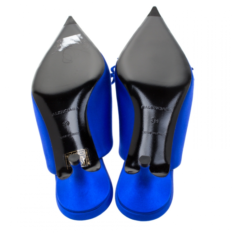 Pre Owned Balenciaga Blue Satin Bow Pointed Toe Mules Size 39