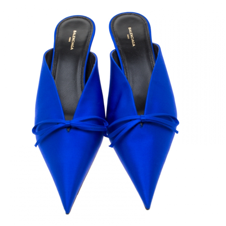 Pre Owned Balenciaga Blue Satin Bow Pointed Toe Mules Size 39