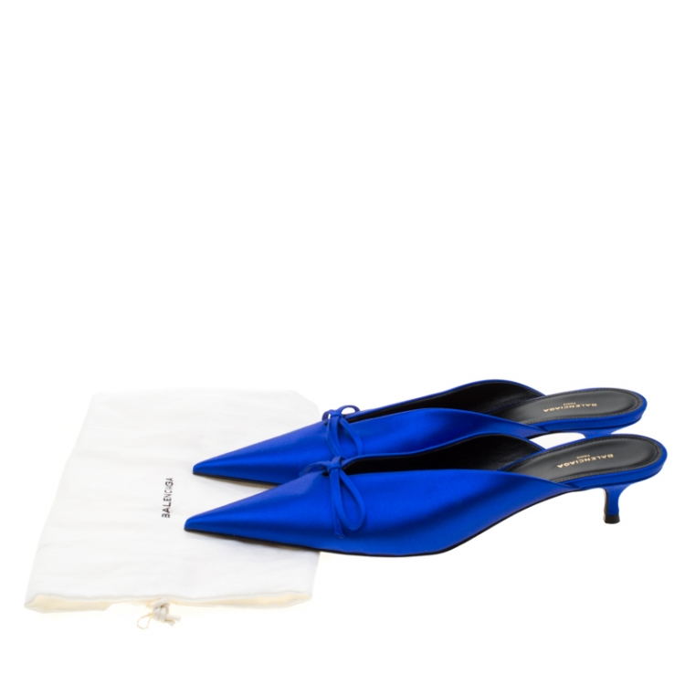 Pre Owned Balenciaga Blue Satin Bow Pointed Toe Mules Size 39