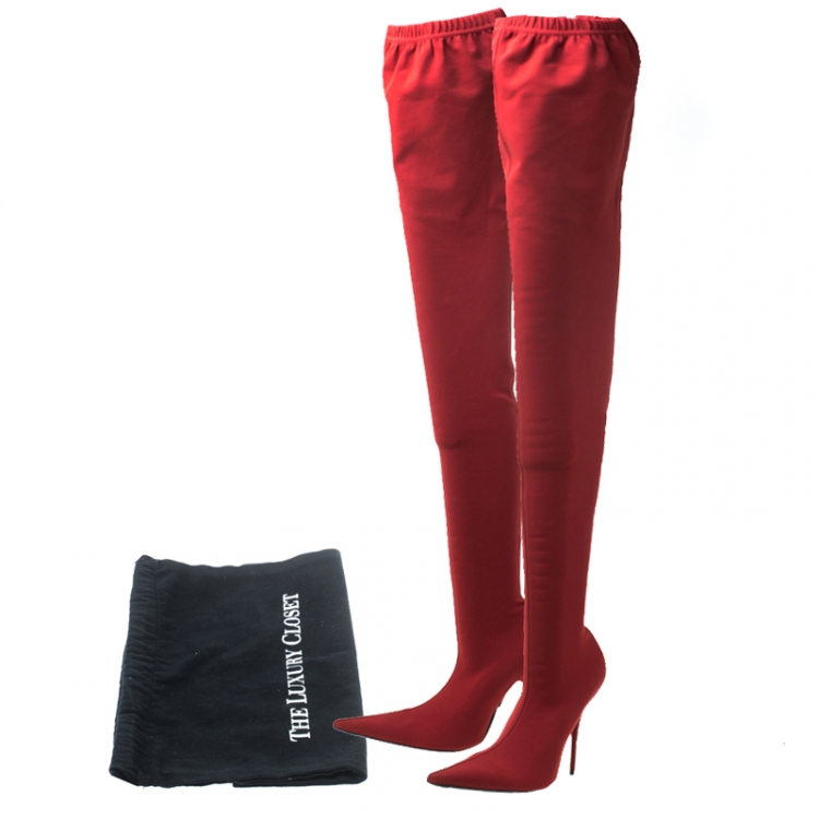 Pre Owned Balenciaga Red Stretch Fabric Knife Pointed Toe Thigh High Boots Size 40
