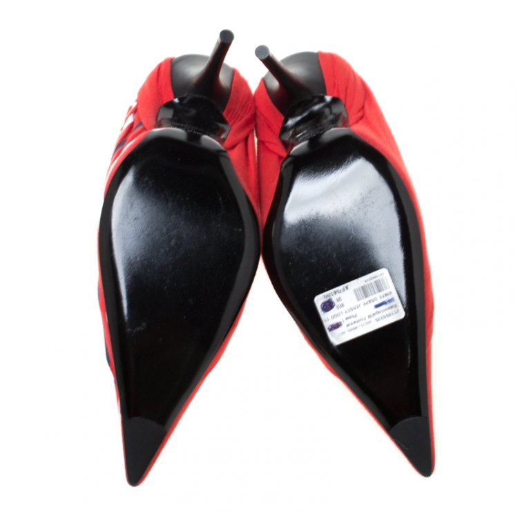 Pre Owned Balenciaga Red Fabric And Leather Knife Logo Pointed Toe Pumps Size 38