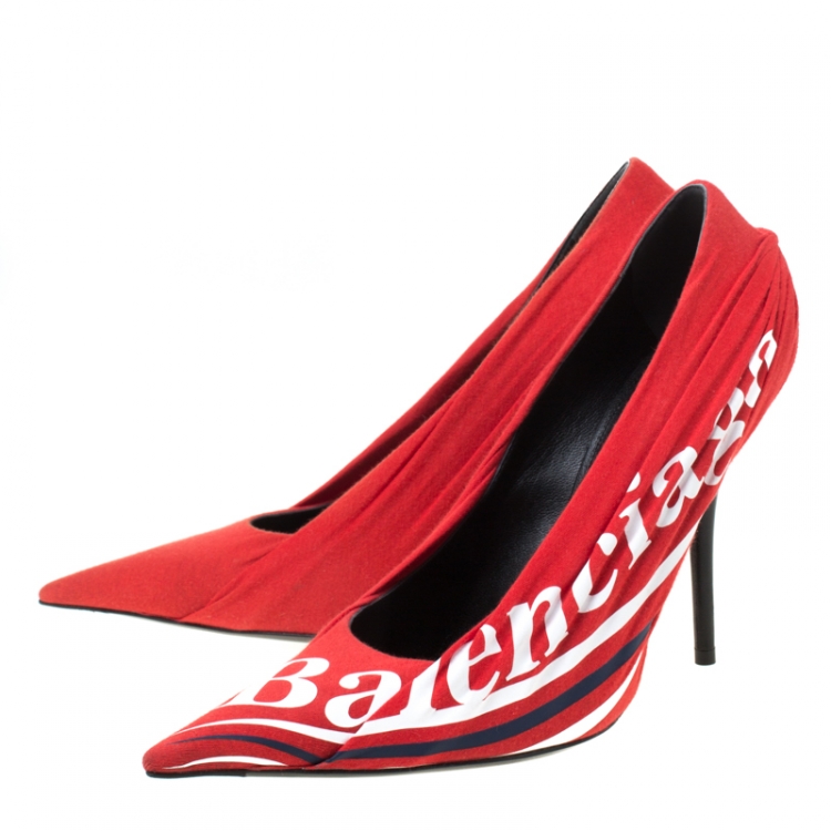 Pre Owned Balenciaga Red Fabric And Leather Knife Logo Pointed Toe Pumps Size 38