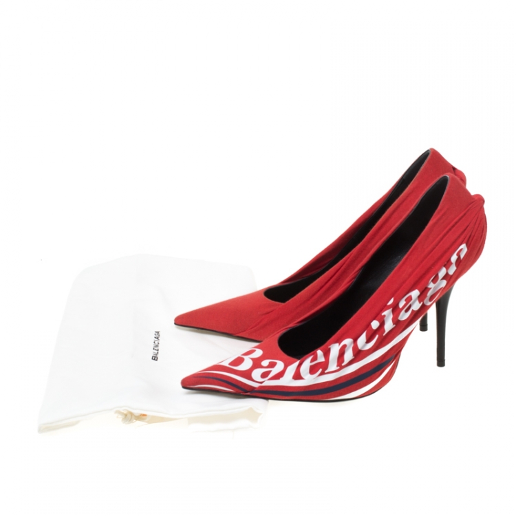 Pre Owned Balenciaga Red Fabric And Leather Knife Logo Pointed Toe Pumps Size 40