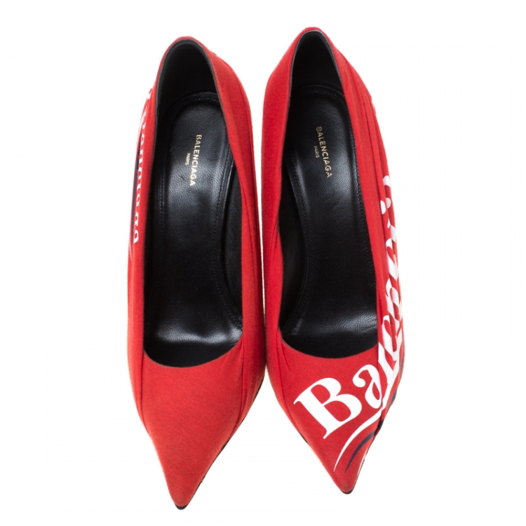 Pre Owned Balenciaga Red Fabric And Leather Knife Logo Pointed Toe Pumps Size 40