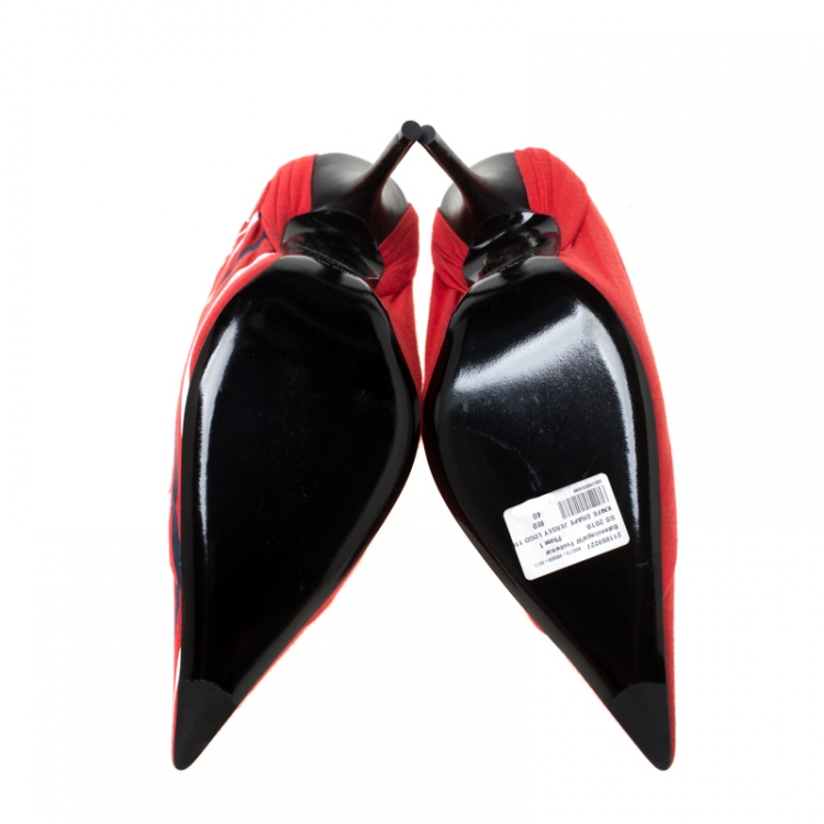 Pre Owned Balenciaga Red Fabric And Leather Knife Logo Pointed Toe Pumps Size 40