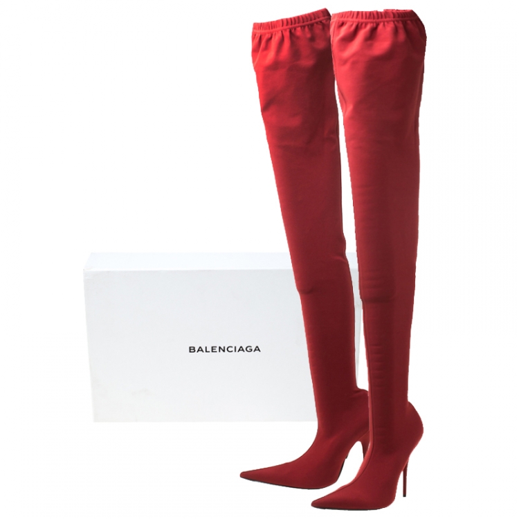Pre Owned Balenciaga Red Stretch Fabric Knife Pointed Toe Thigh High Boots Size 39