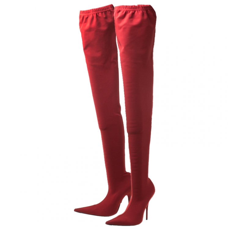 Pre Owned Balenciaga Red Stretch Fabric Knife Pointed Toe Thigh High Boots Size 39