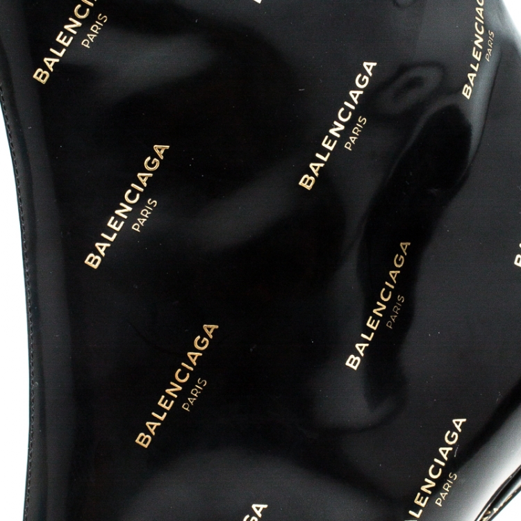Pre Owned Balenciaga Black Patent Leather All Over Logo Slash Heel Ankle Boots Size 40