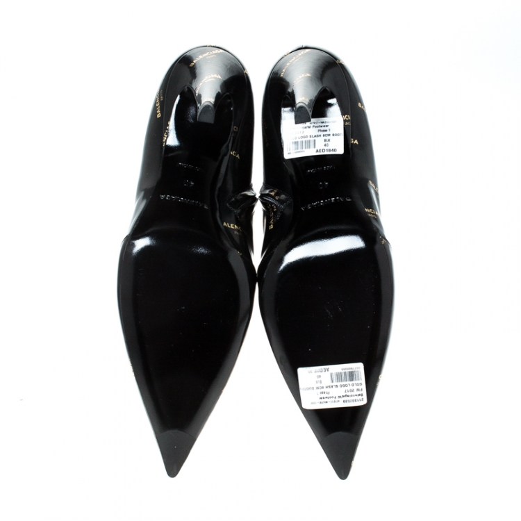Pre Owned Balenciaga Black Patent Leather All Over Logo Slash Heel Ankle Boots Size 40
