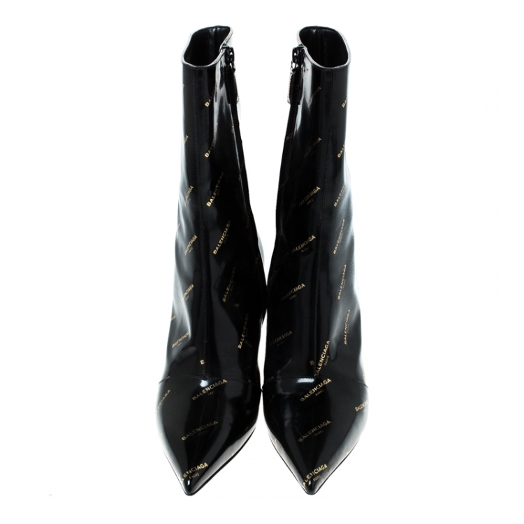Pre Owned Balenciaga Black Patent Leather All Over Logo Slash Heel Ankle Boots Size 40