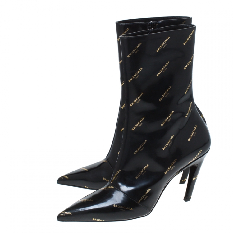 Pre Owned Balenciaga Black Patent Leather All Over Logo Slash Heel Ankle Boots Size 40
