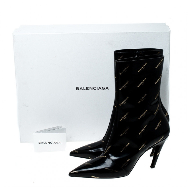 Pre Owned Balenciaga Black Patent Leather All Over Logo Slash Heel Ankle Boots Size 40