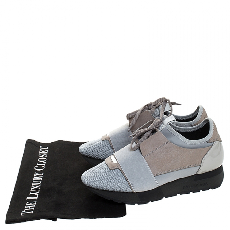 Pre Owned Balenciaga Grey Mesh, Leather And Patent Leather Race Runner Sneakers Size 36