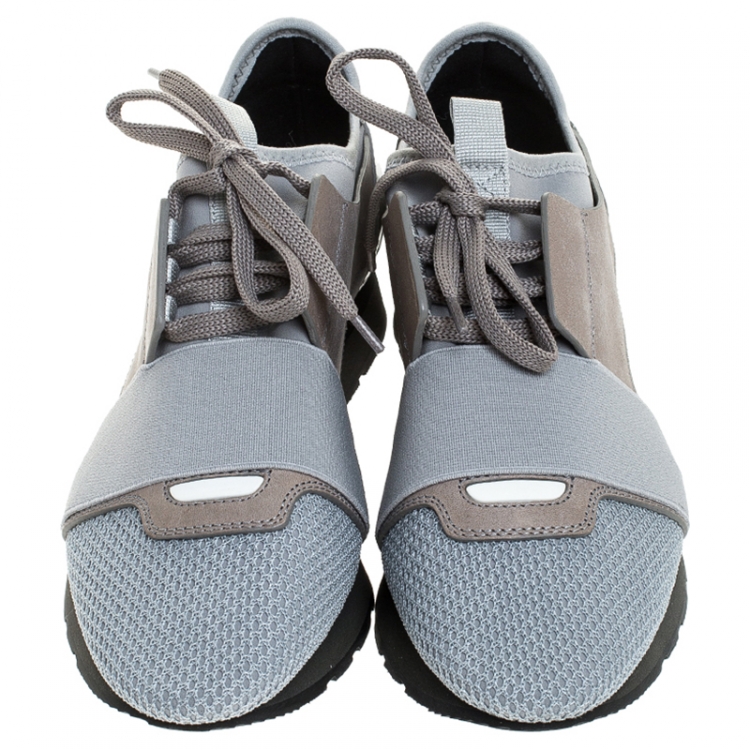 Pre Owned Balenciaga Grey Mesh, Leather And Patent Leather Race Runner Sneakers Size 36