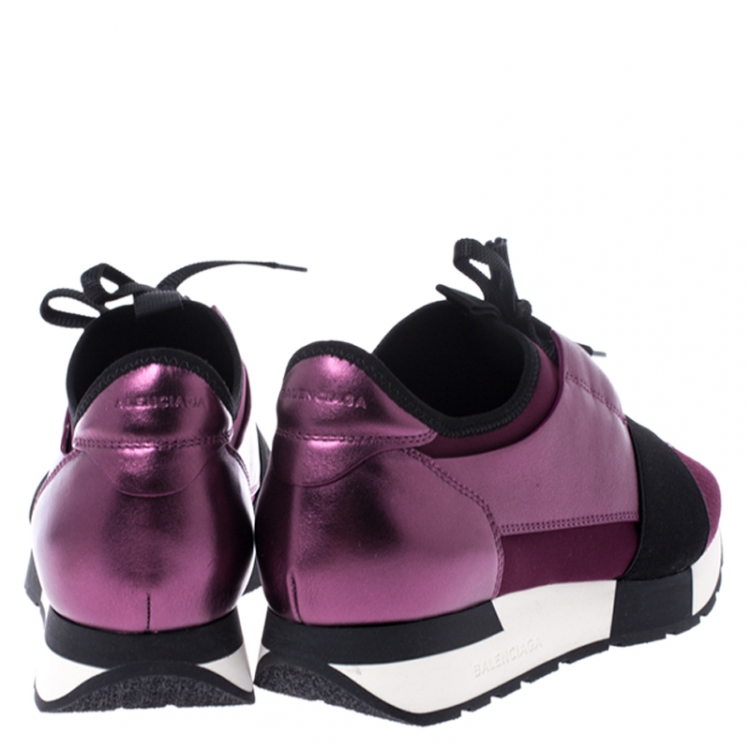 Pre Owned Balenciaga Metallic Purple Leather, Nylon And Mesh Race Runner Sneakers Size 37