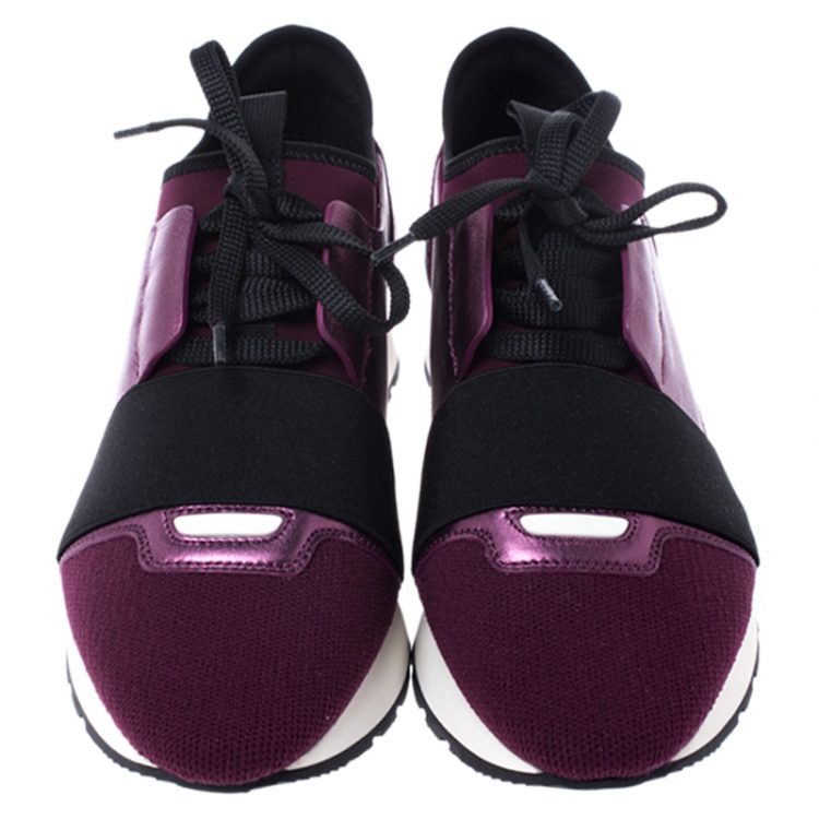Pre Owned Balenciaga Metallic Purple Leather, Nylon And Mesh Race Runner Sneakers Size 37