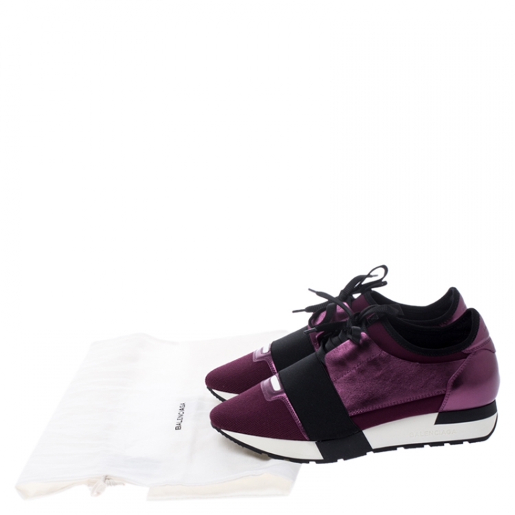 Pre Owned Balenciaga Metallic Purple Leather, Nylon And Mesh Race Runner Sneakers Size 37