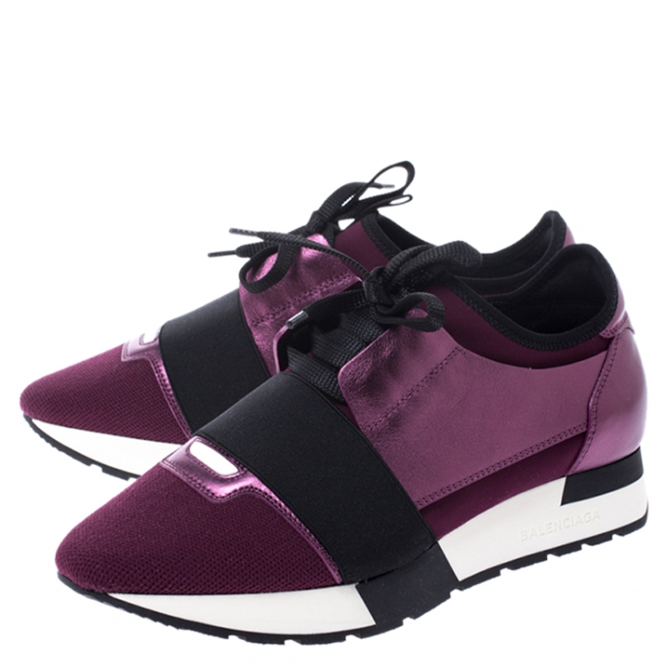 Pre Owned Balenciaga Metallic Purple Leather, Nylon And Mesh Race Runner Sneakers Size 37