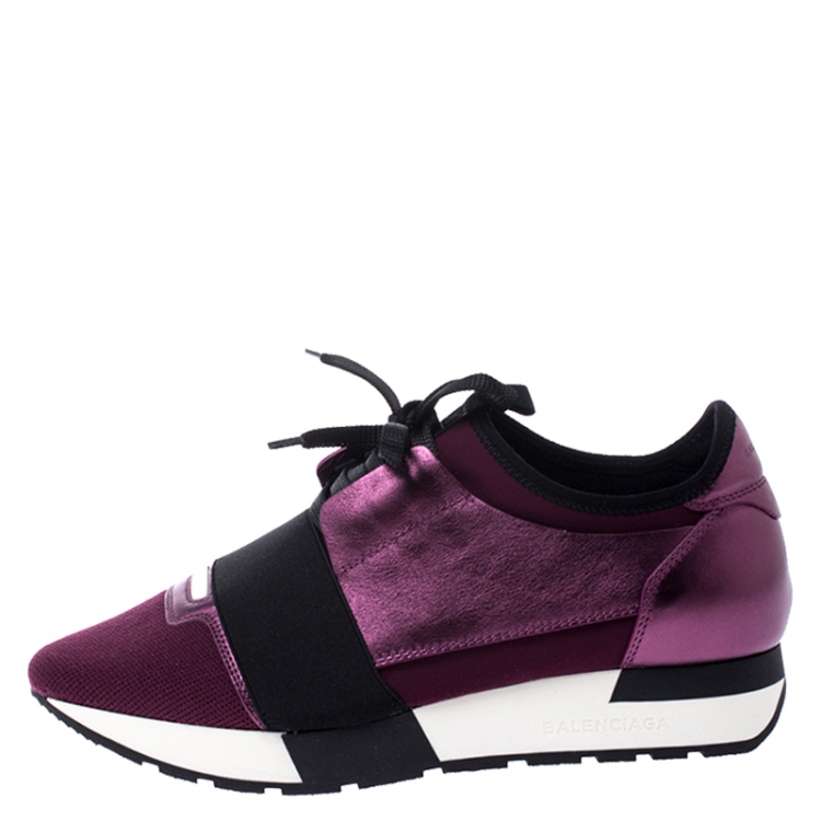 Pre Owned Balenciaga Metallic Purple Leather, Nylon And Mesh Race Runner Sneakers Size 37