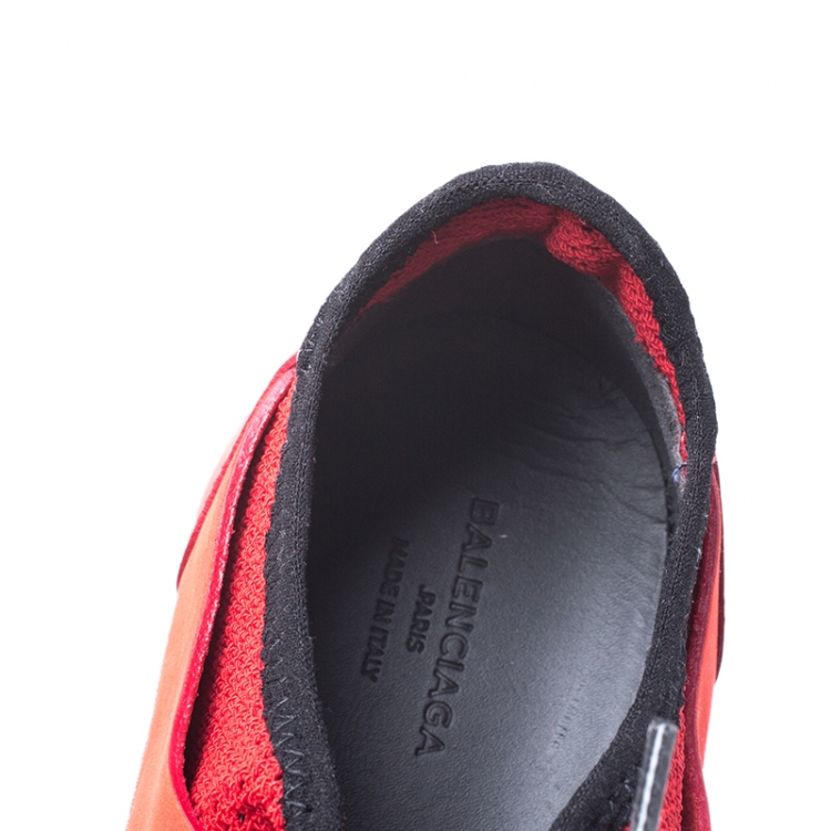 Pre Owned Balenciaga Red/Black Leather, Nubuck, Suede And Fabric Race Runner Sneakers Size 37