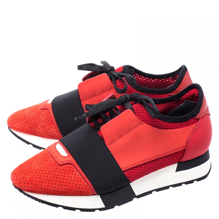 Pre Owned Balenciaga Red/Black Leather, Nubuck, Suede And Fabric Race Runner Sneakers Size 37