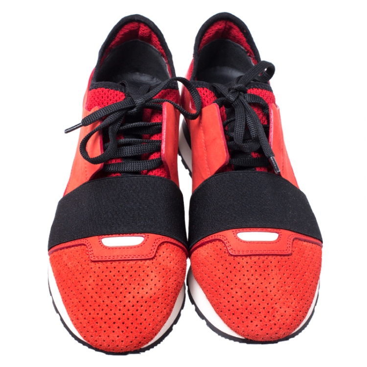 Pre Owned Balenciaga Red/Black Leather, Nubuck, Suede And Fabric Race Runner Sneakers Size 37