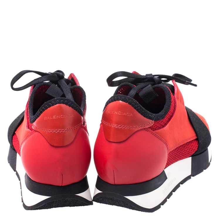 Pre Owned Balenciaga Red/Black Leather, Nubuck, Suede And Fabric Race Runner Sneakers Size 37