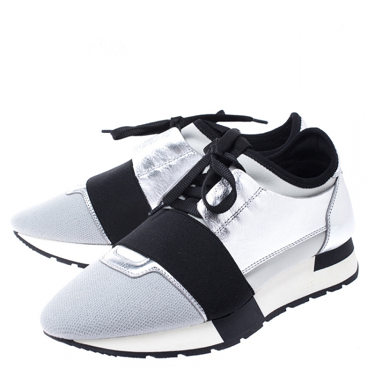 Pre Owned Balenciaga Grey/Silver Mesh And Leather Race Runner Sneakers Size 37