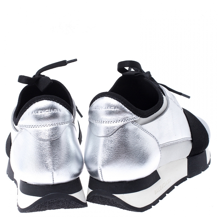 Pre Owned Balenciaga Grey/Silver Mesh And Leather Race Runner Sneakers Size 37