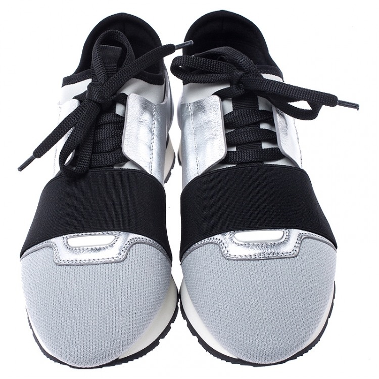 Pre Owned Balenciaga Grey/Silver Mesh And Leather Race Runner Sneakers Size 37