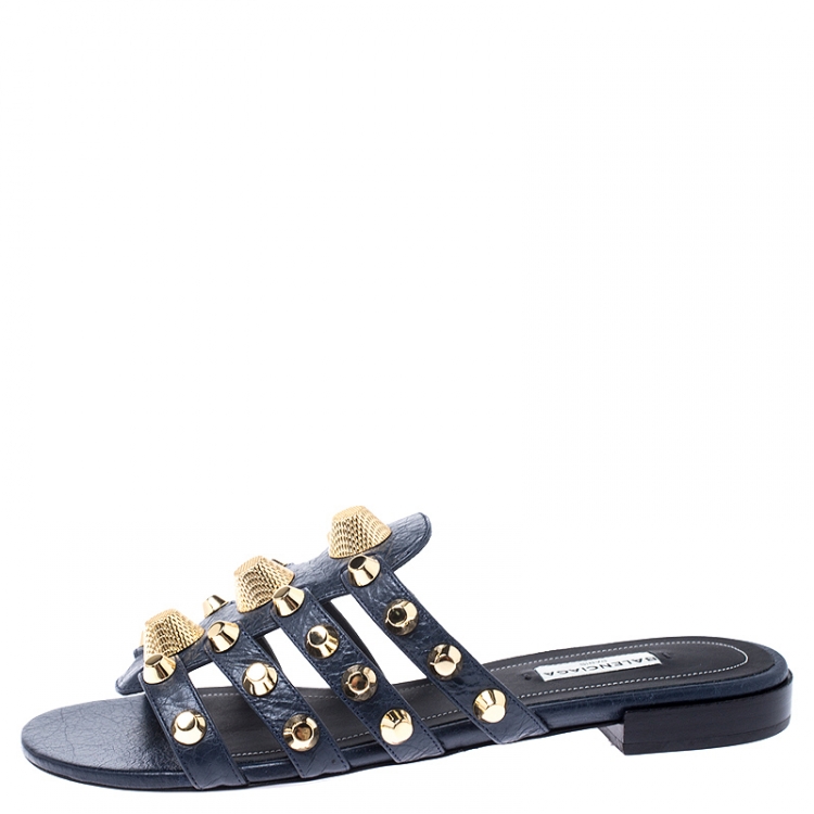 Pre Owned Balenciaga Blue Studded Leather Arena Strappy Flat Slides Size 37.5