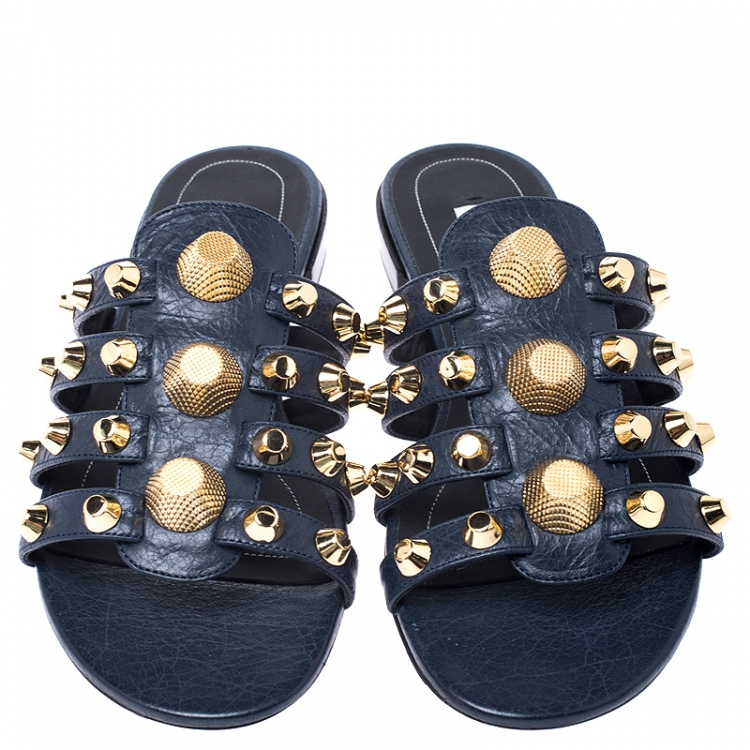 Pre Owned Balenciaga Blue Studded Leather Arena Strappy Flat Slides Size 37.5