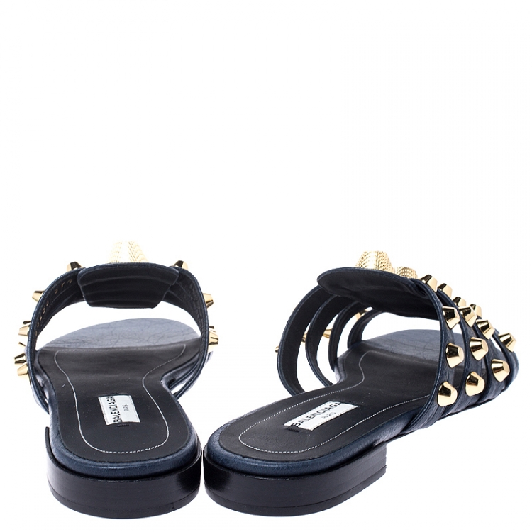 Pre Owned Balenciaga Blue Studded Leather Arena Strappy Flat Slides Size 37.5