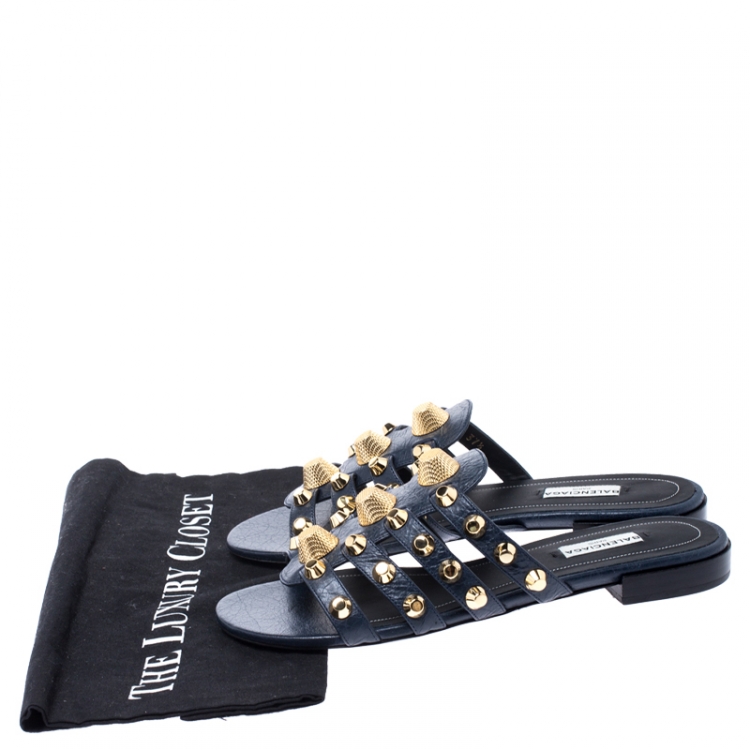 Pre Owned Balenciaga Blue Studded Leather Arena Strappy Flat Slides Size 37.5