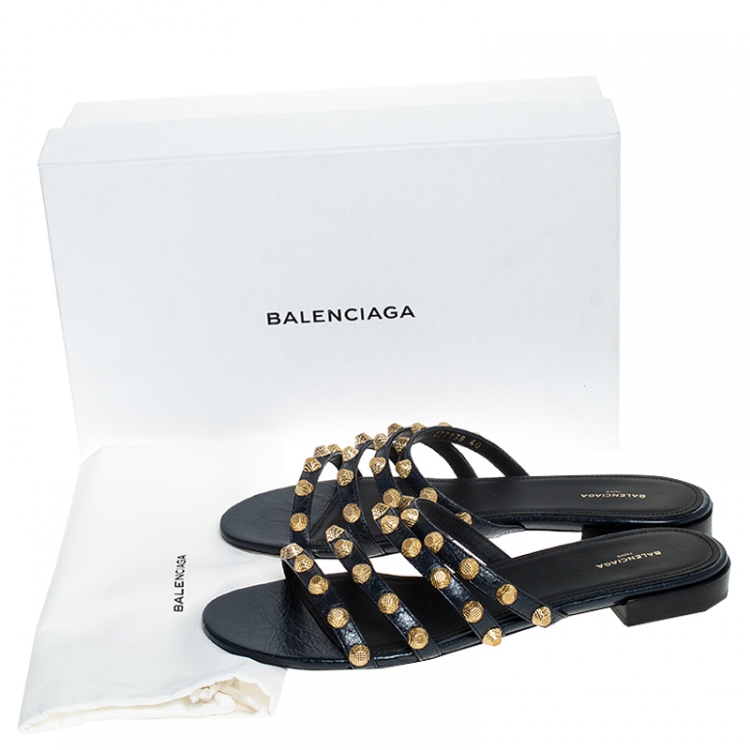Pre Owned Balenciaga Blue Leather Studded Flat Sandals Size 40