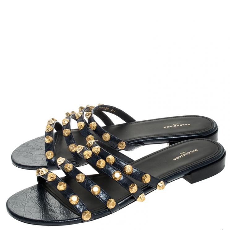 Pre Owned Balenciaga Blue Leather Studded Flat Sandals Size 40