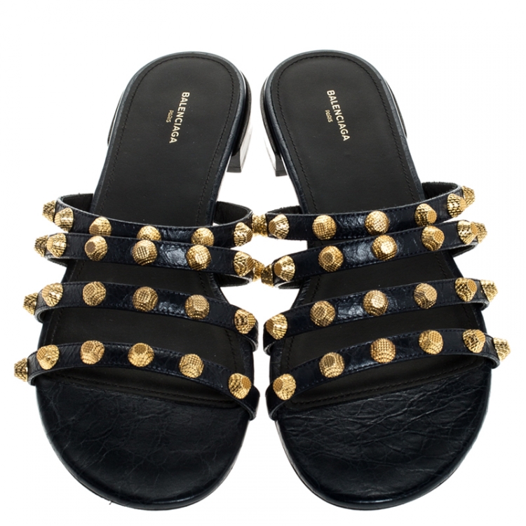 Pre Owned Balenciaga Blue Leather Studded Flat Sandals Size 40