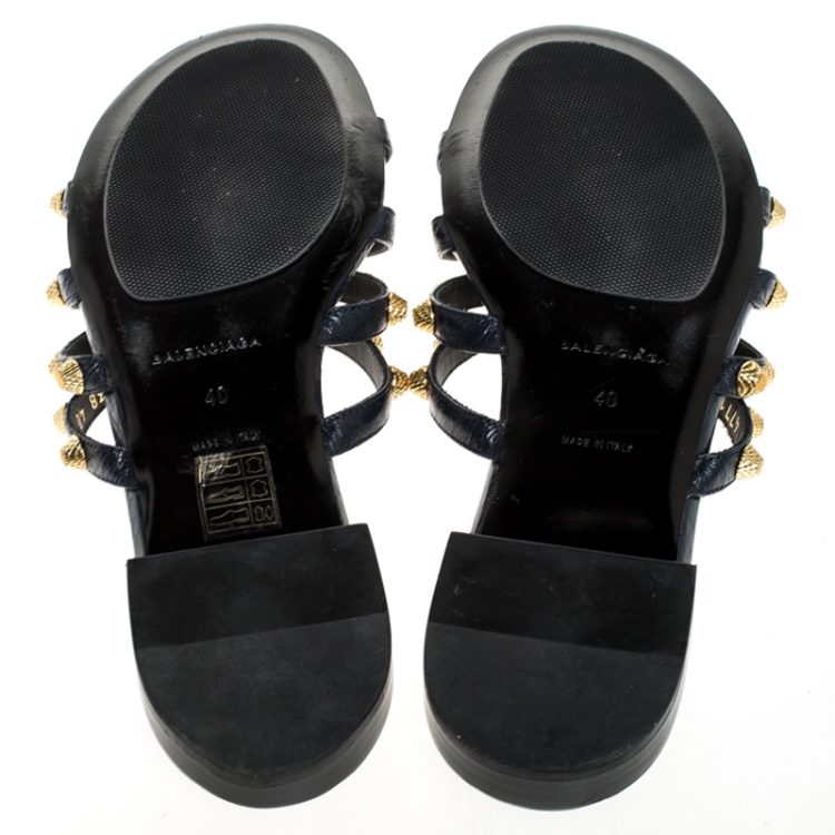 Pre Owned Balenciaga Blue Leather Studded Flat Sandals Size 40