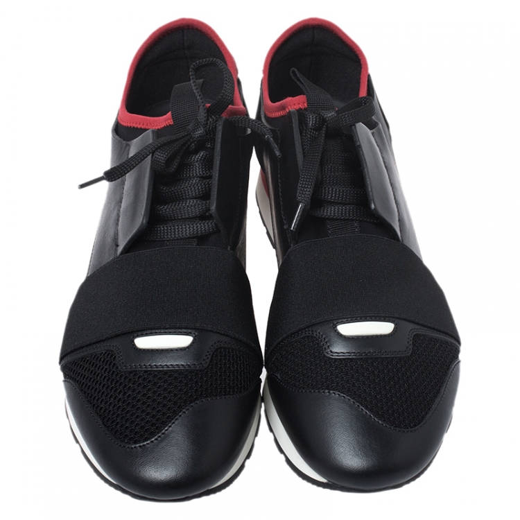 Pre Owned Balenciaga Black/Red Leather, Suede And Mesh Race Runner Sneakers Size 39