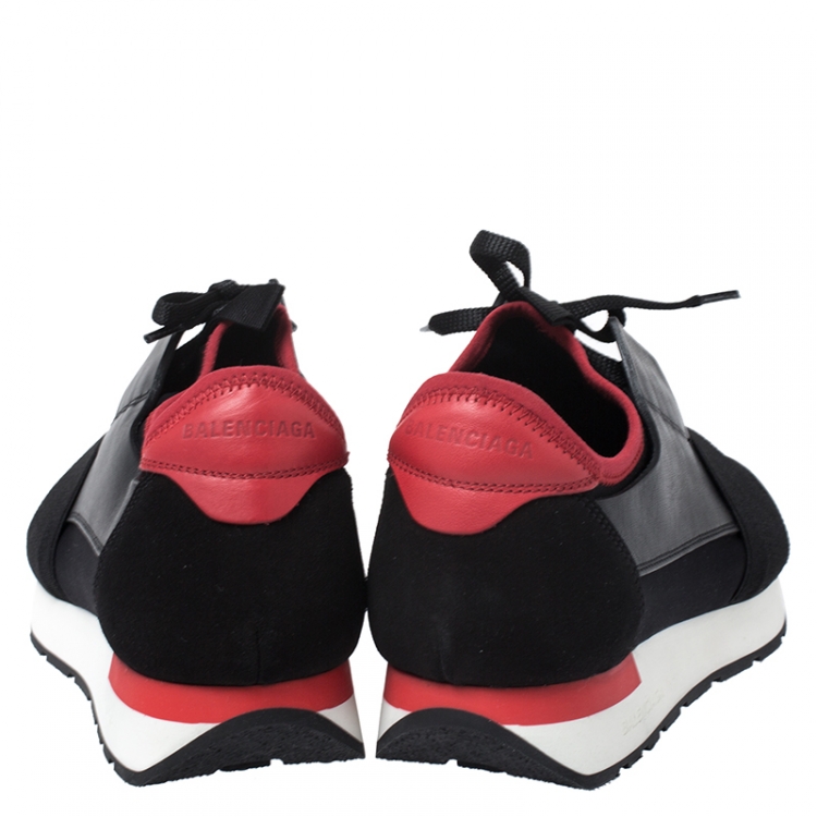Pre Owned Balenciaga Black/Red Leather, Suede And Mesh Race Runner Sneakers Size 39