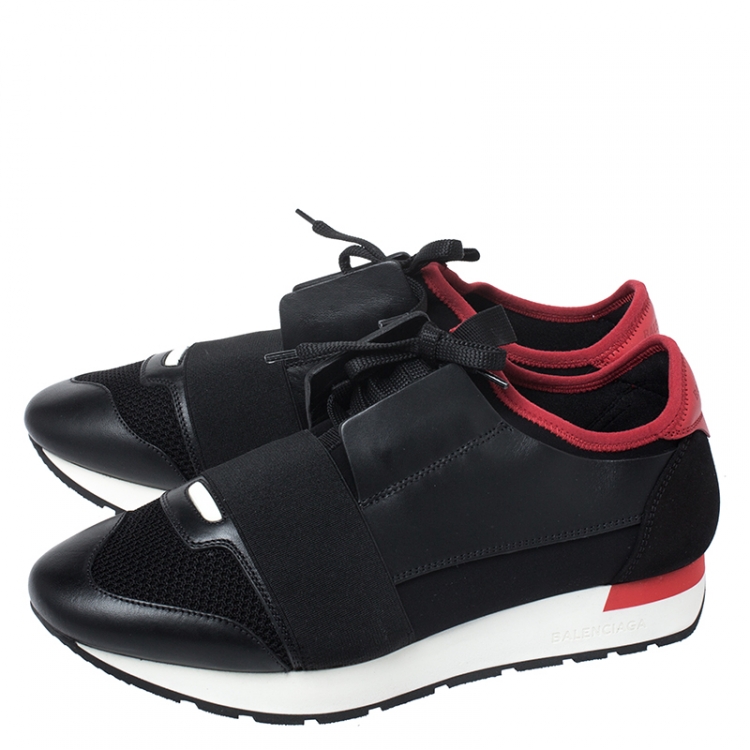 Pre Owned Balenciaga Black/Red Leather, Suede And Mesh Race Runner Sneakers Size 39