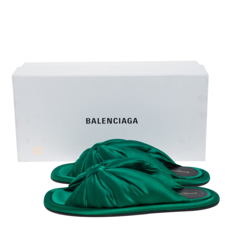 Pre Owned Balenciaga Green Satin Bow Slide Flats Size 37