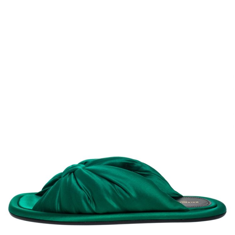 Pre Owned Balenciaga Green Satin Bow Slide Flats Size 37