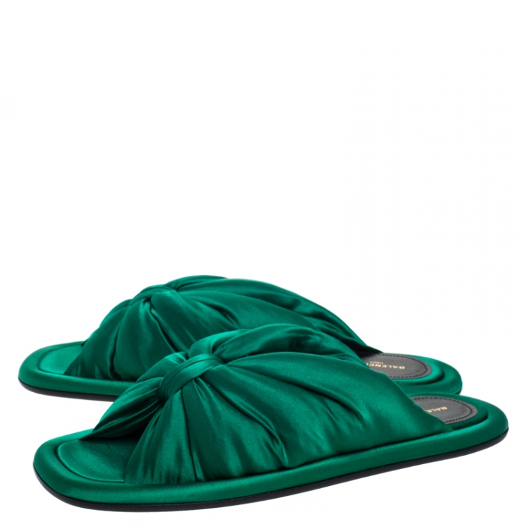 Pre Owned Balenciaga Green Satin Bow Slide Flats Size 37