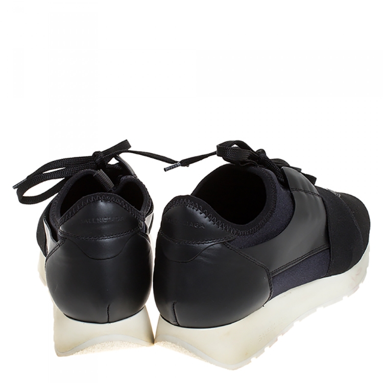 Pre Owned Balenciaga Black Leather, Mesh And Suede Race Runner Sneakers Size 40