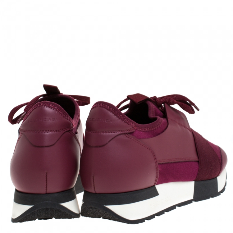 Pre Owned Balenciaga Burgundy Leather And Stretch Fabric Race Runner Sneakers Size 38