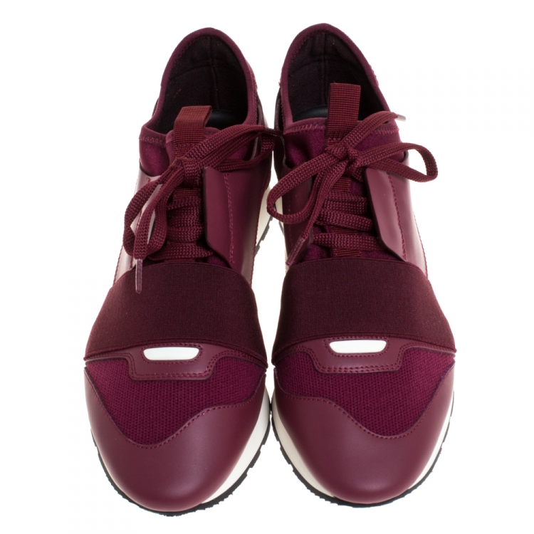 Pre Owned Balenciaga Burgundy Leather And Stretch Fabric Race Runner Sneakers Size 38
