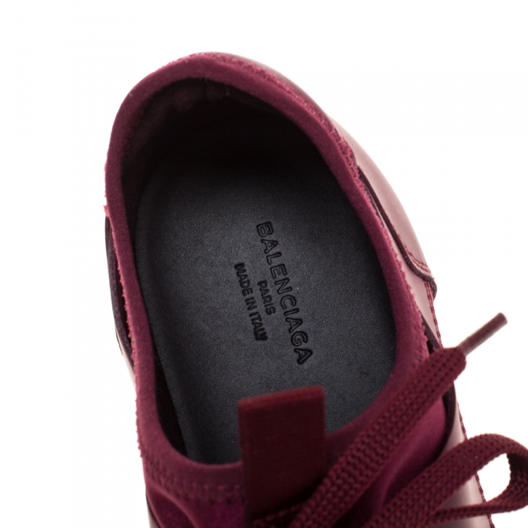 Pre Owned Balenciaga Burgundy Leather And Stretch Fabric Race Runner Sneakers Size 38