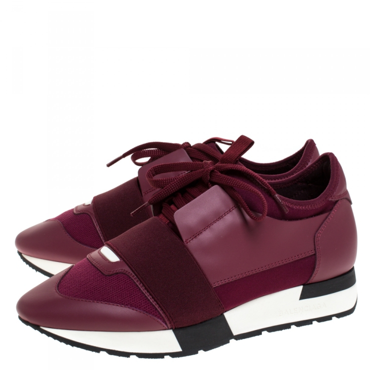 Pre Owned Balenciaga Burgundy Leather And Stretch Fabric Race Runner Sneakers Size 38